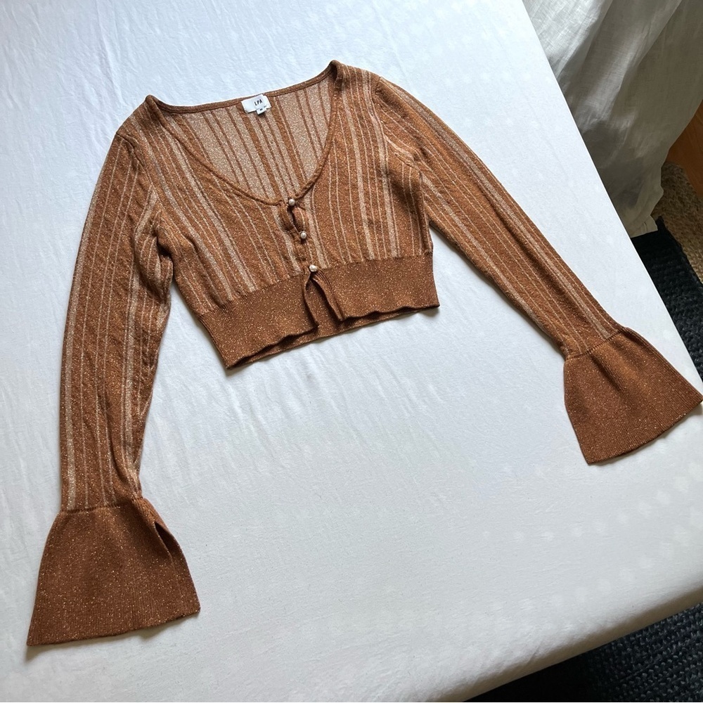 LPA brown glitter metallic striped pearl button cropped bell‎ sleeve knit top